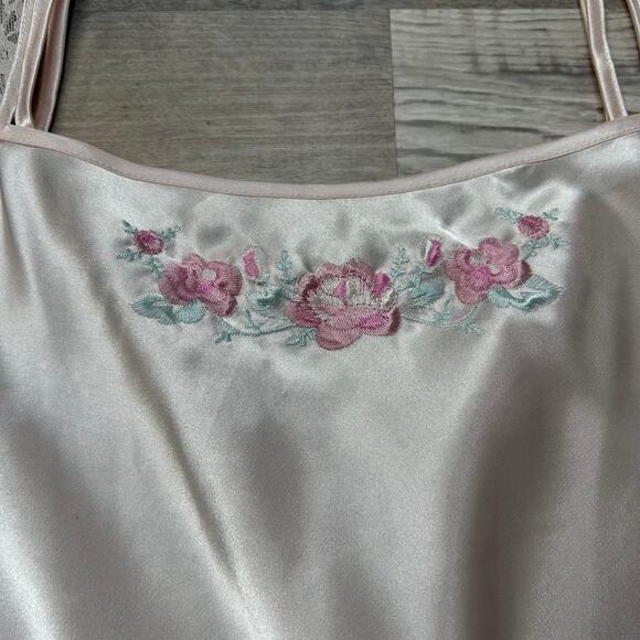 Pink Satin Slip Dress Blush Floral Embroidered Y2K Coquette - Picture 3 of 6